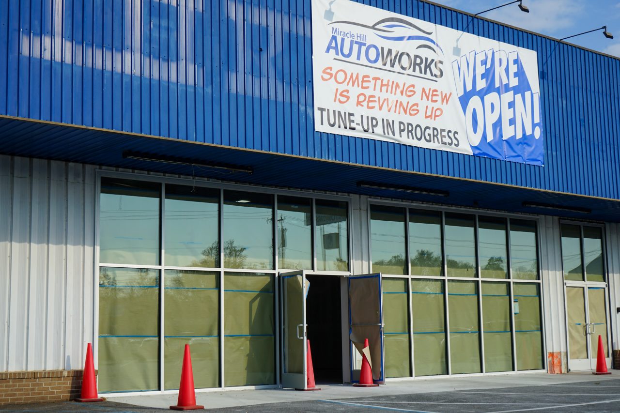 Miracle Hill Auto Works glass doors and storefront