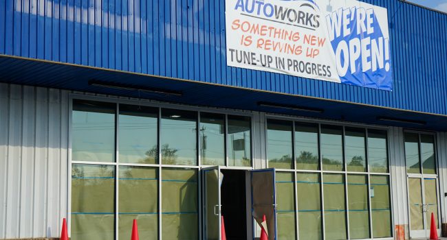 Miracle Hill Auto Works glass doors and storefront