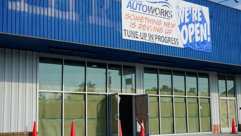 Miracle Hill Auto Works glass doors and storefront